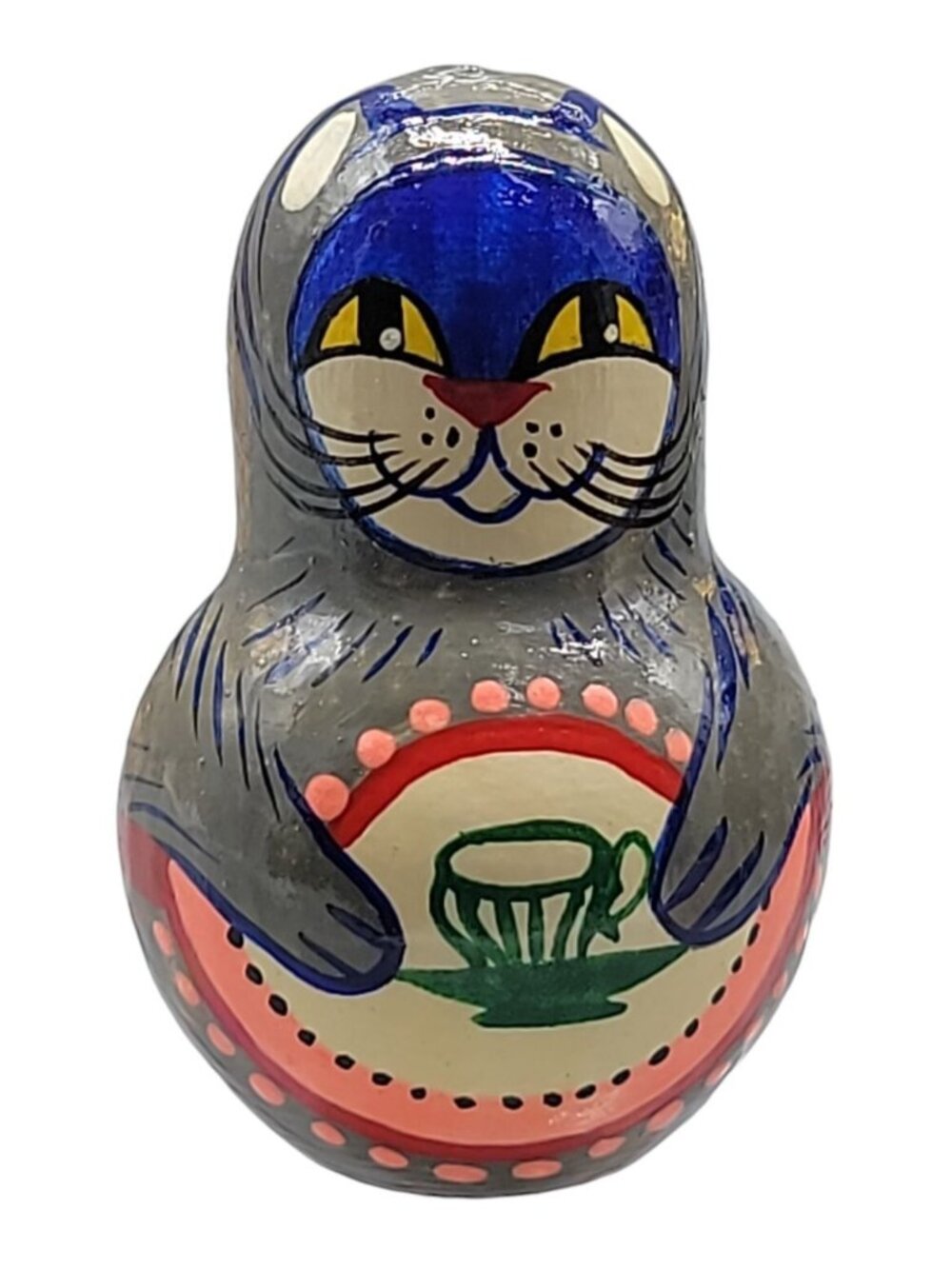 Vintage Nesting Doll Wooden Cat Brooch Handcrafted  Design Laquer Painted